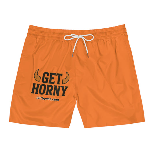 Men's Fun Orange Swim Shorts - 'Get Horny' Beachwear, Summer Swim Trunks, Pool Party Essential, Vacation Swimwear, Gift for Him