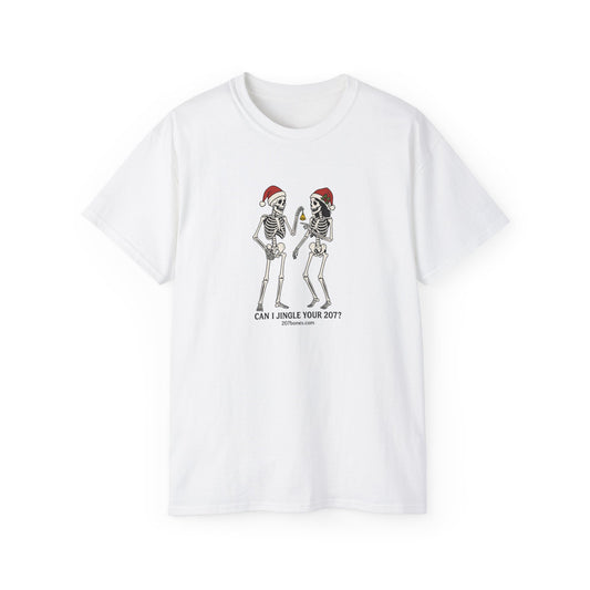 Humorous Skeleton Christmas Tee, Fun Holiday Shirt, Unisex Graphic T-Shirt, Gift for Halloween Lovers, Quirky Party Wear