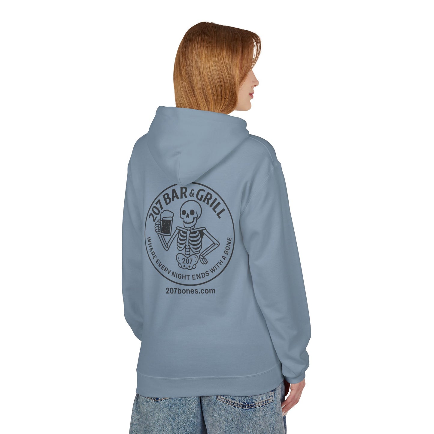 207 Bar & Grill Skeleton Hoodie, Softstyle Midweight Fleece, Unisex Pullover, Fun Gift for Halloween, Cozy Lounge Wear