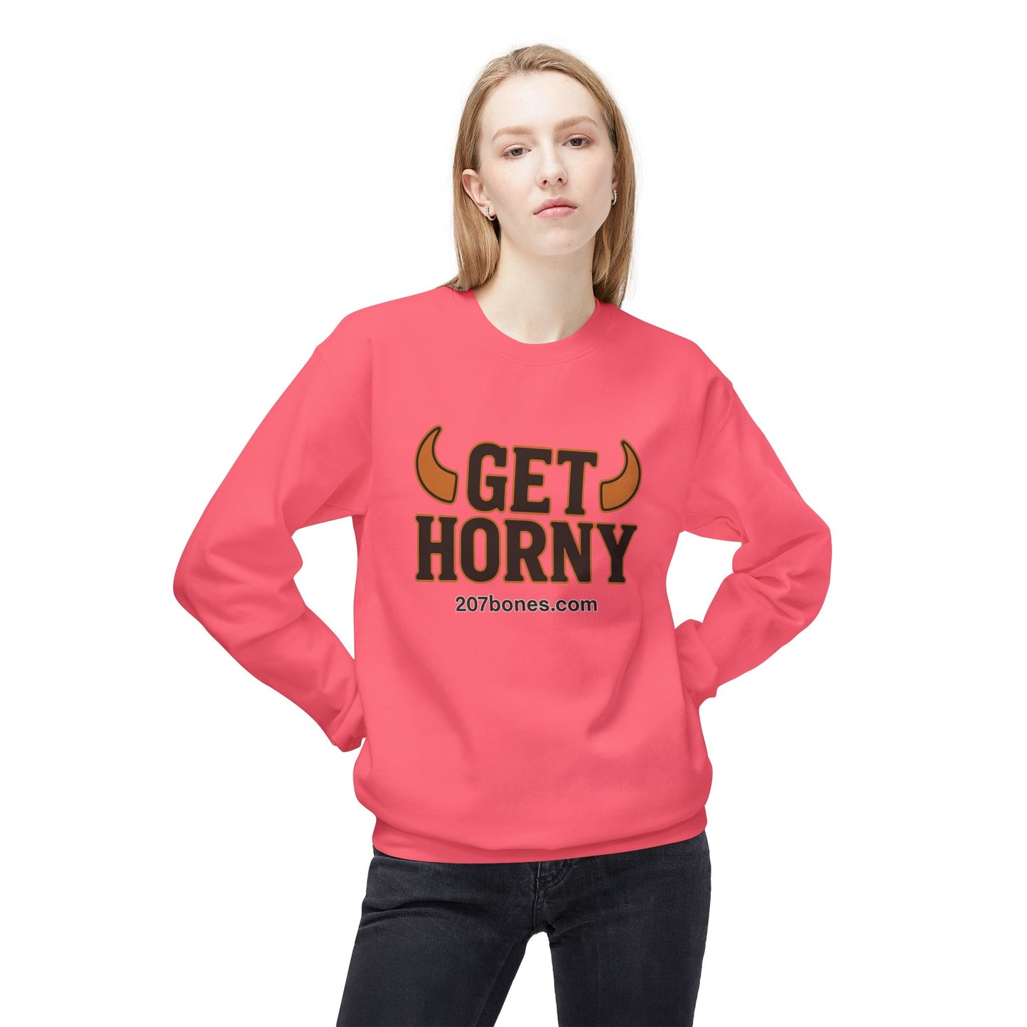 Unisex Get Horny Fleece Crewneck Sweatshirt, Funny Sweatshirt, Gift for Him, Casual Wear, Fall Fashion, Humorous Apparel