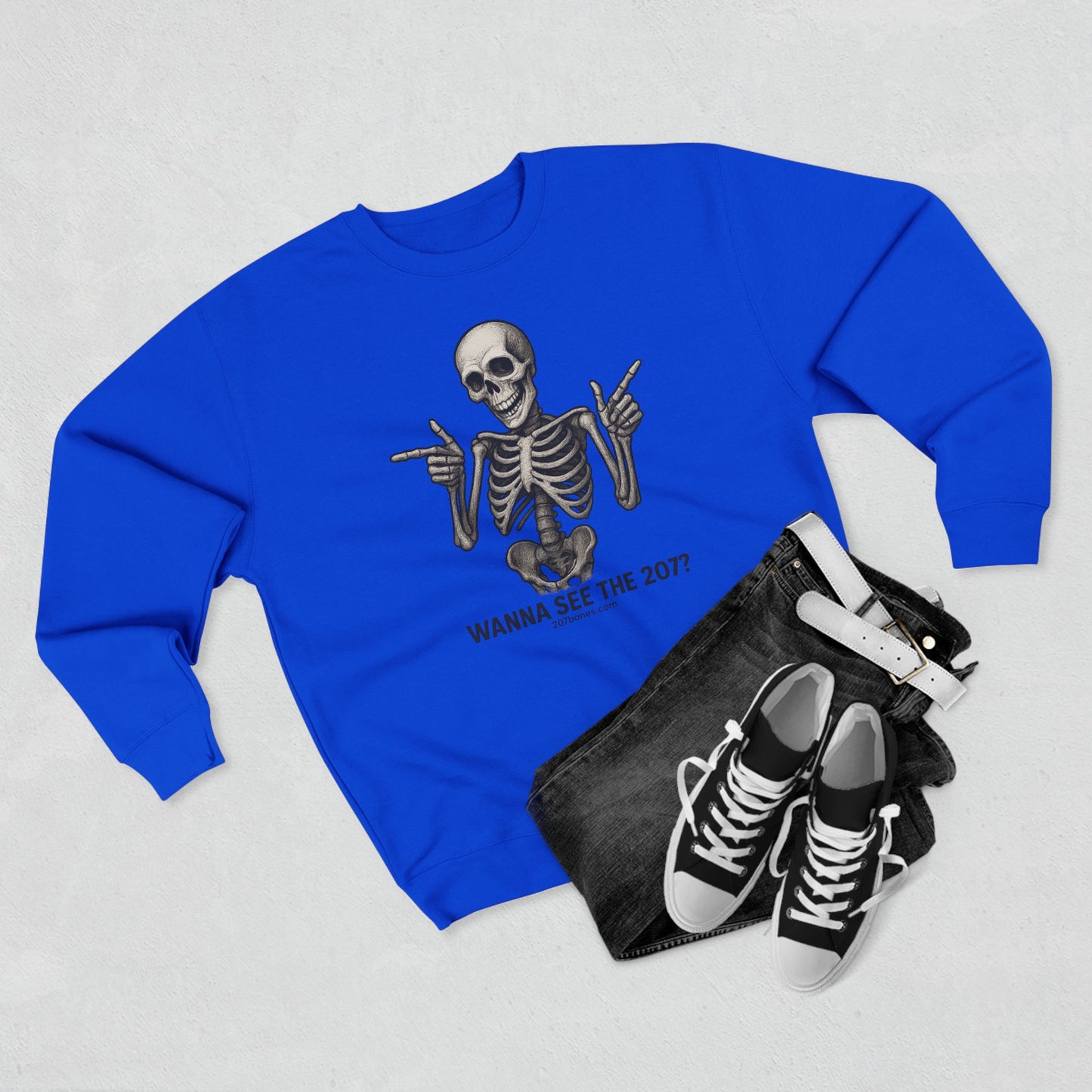 Skeleton Crewneck Sweatshirt - Wanna See the 207? Casual Halloween Apparel, Unisex Sweatshirt, Cozy Layering Piece, Funny Gift Idea, [...]
