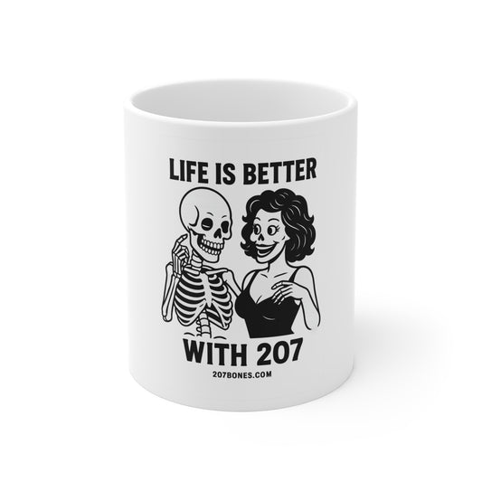 Fun Skeleton Mug, Life is Better with 207, Halloween Gift, Unique Coffee Cup, Quirky Home Decor