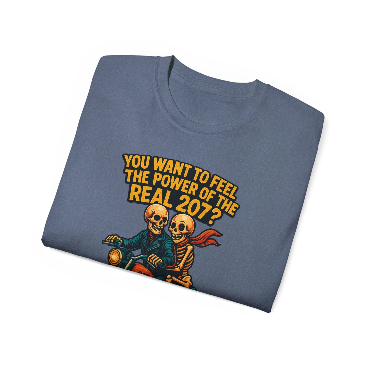 Unisex Motorcycle Theme Tee - Feel the Power Tee, Casual T-Shirt, Halloween Costume Top, Biker Gift, Fun Skull Shirt