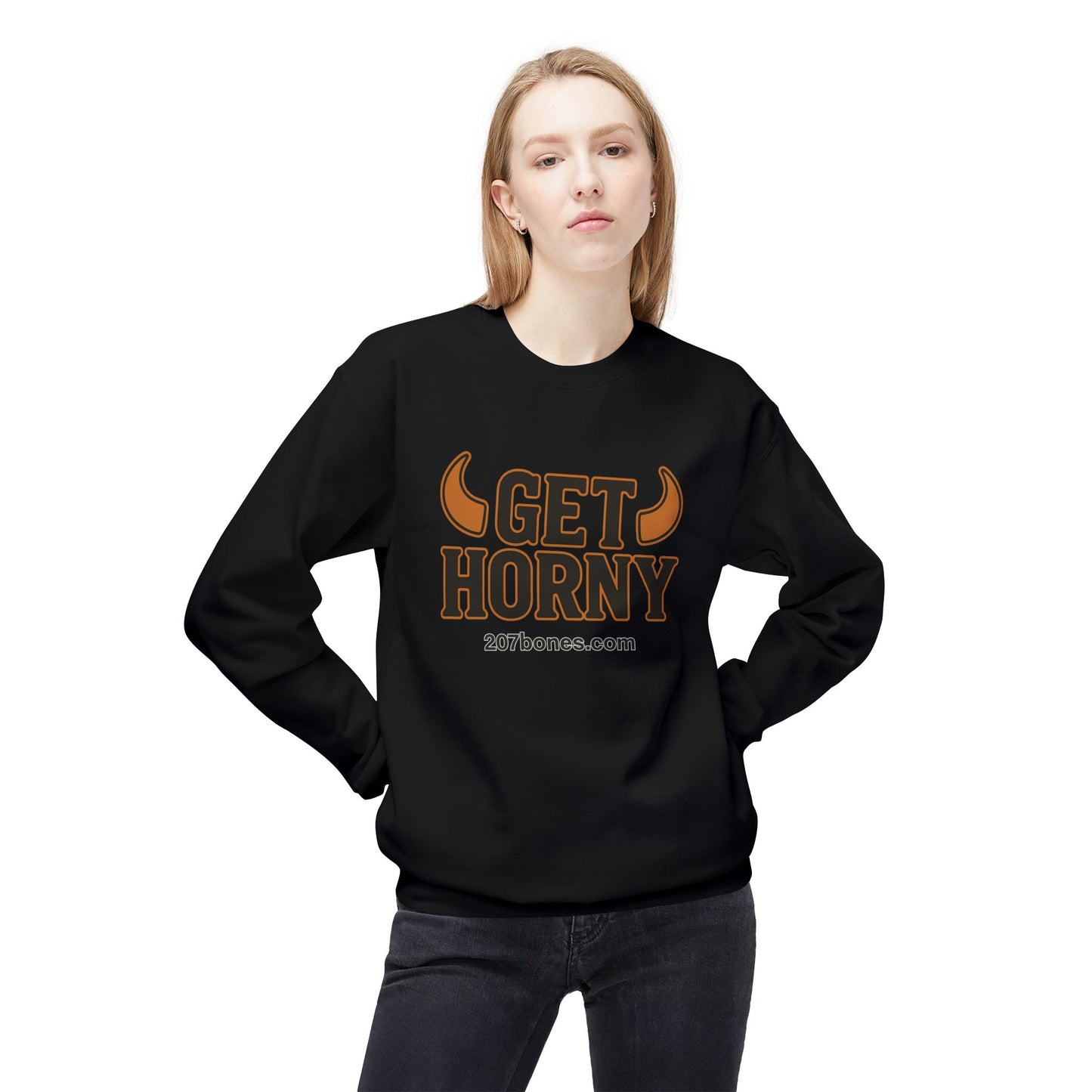 Unisex Get Horny Fleece Crewneck Sweatshirt, Funny Sweatshirt, Gift for Him, Casual Wear, Fall Fashion, Humorous Apparel