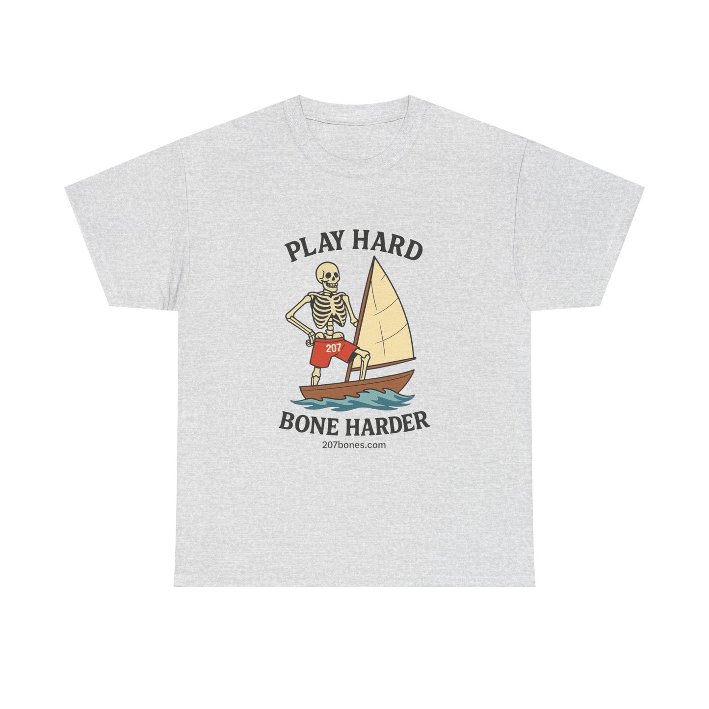 Play Hard Bone Harder Tee, Casual Summer Shirt, Skeleton Graphic T-Shirt, Fun Beachwear, Gift for Halloween, Unisex Cotton Tee