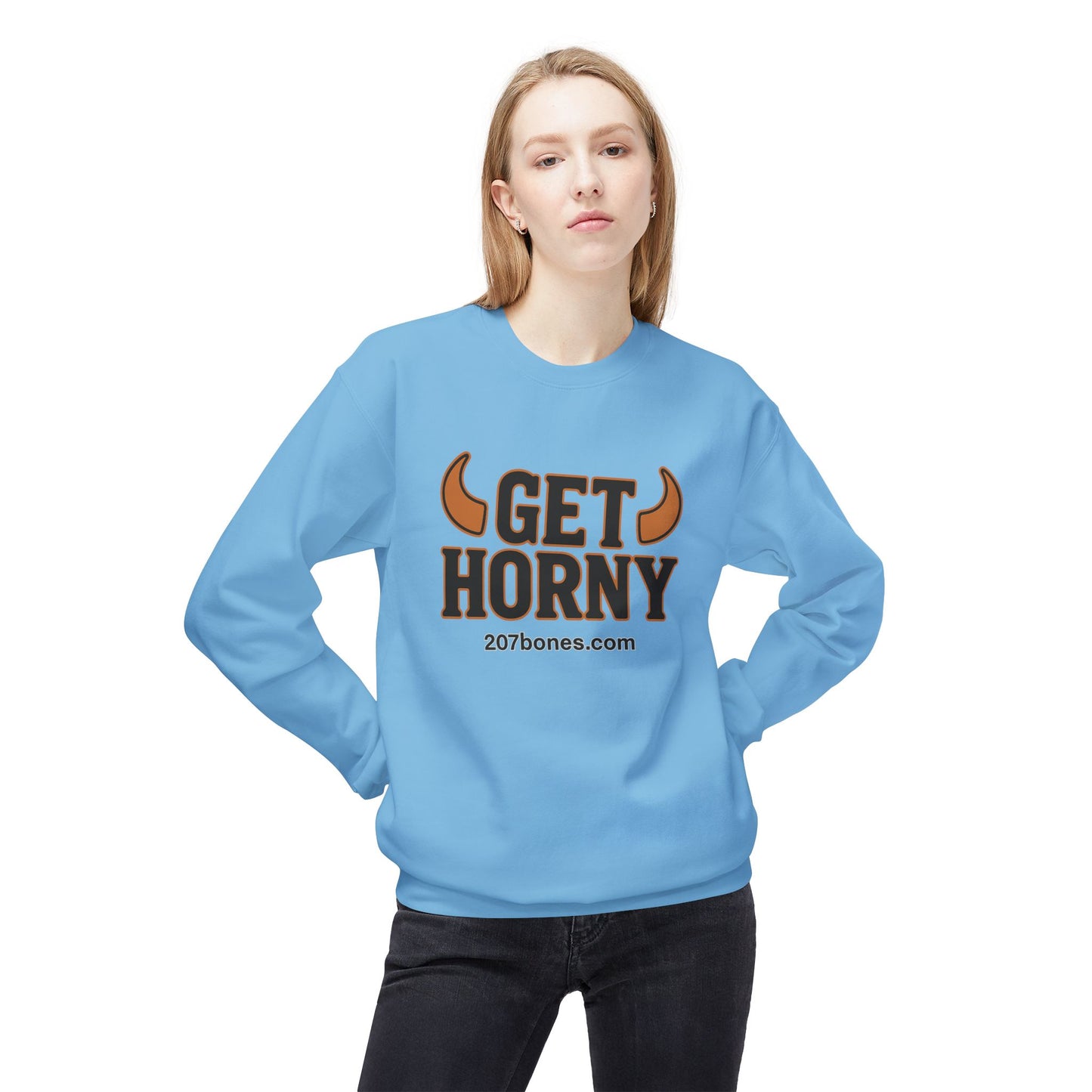 Unisex Get Horny Fleece Crewneck Sweatshirt, Funny Sweatshirt, Gift for Him, Casual Wear, Fall Fashion, Humorous Apparel