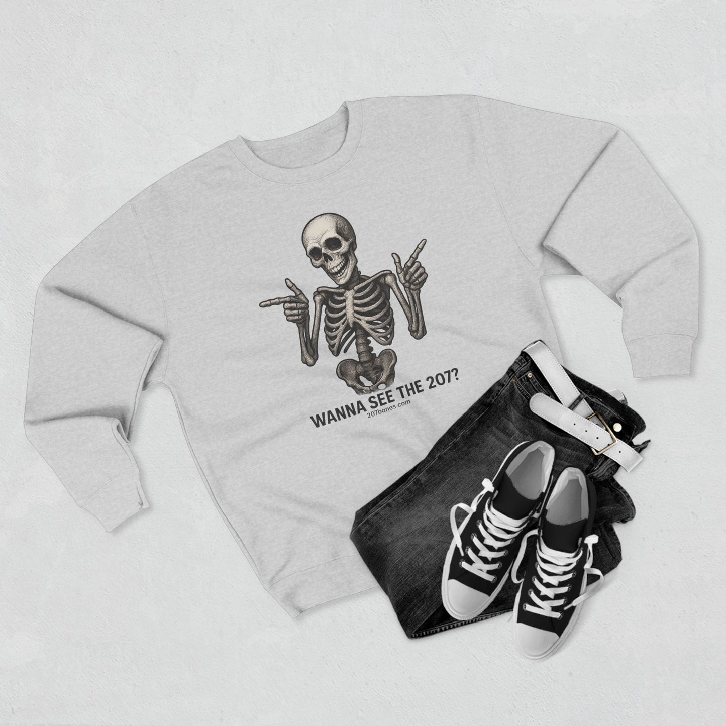 Skeleton Crewneck Sweatshirt - Wanna See the 207? Casual Halloween Apparel, Unisex Sweatshirt, Cozy Layering Piece, Funny Gift Idea, [...]