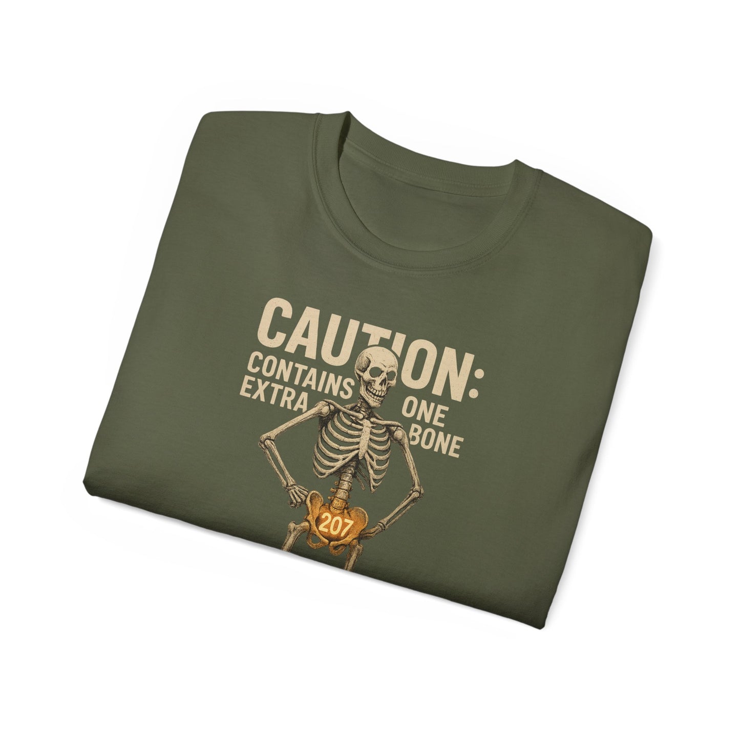 Caution Extra Bone Skeleton Tee, Funny Halloween Shirt, Unisex Spooky T-Shirt, Gift for Bone Lovers, Unique Skull Graphic Tee