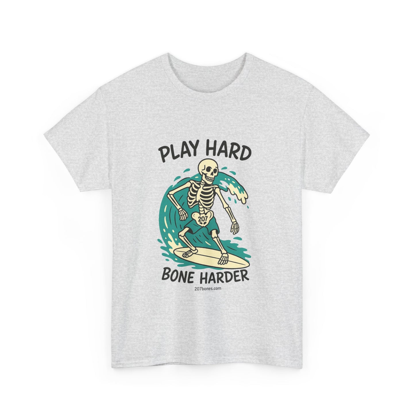 Play Hard Bone Harder Tee | Unisex Cotton T-Shirt, Fun Skeleton Graphic, Casual Wear, Perfect Gift for Halloween, Surf Lovers, Summer Vibe