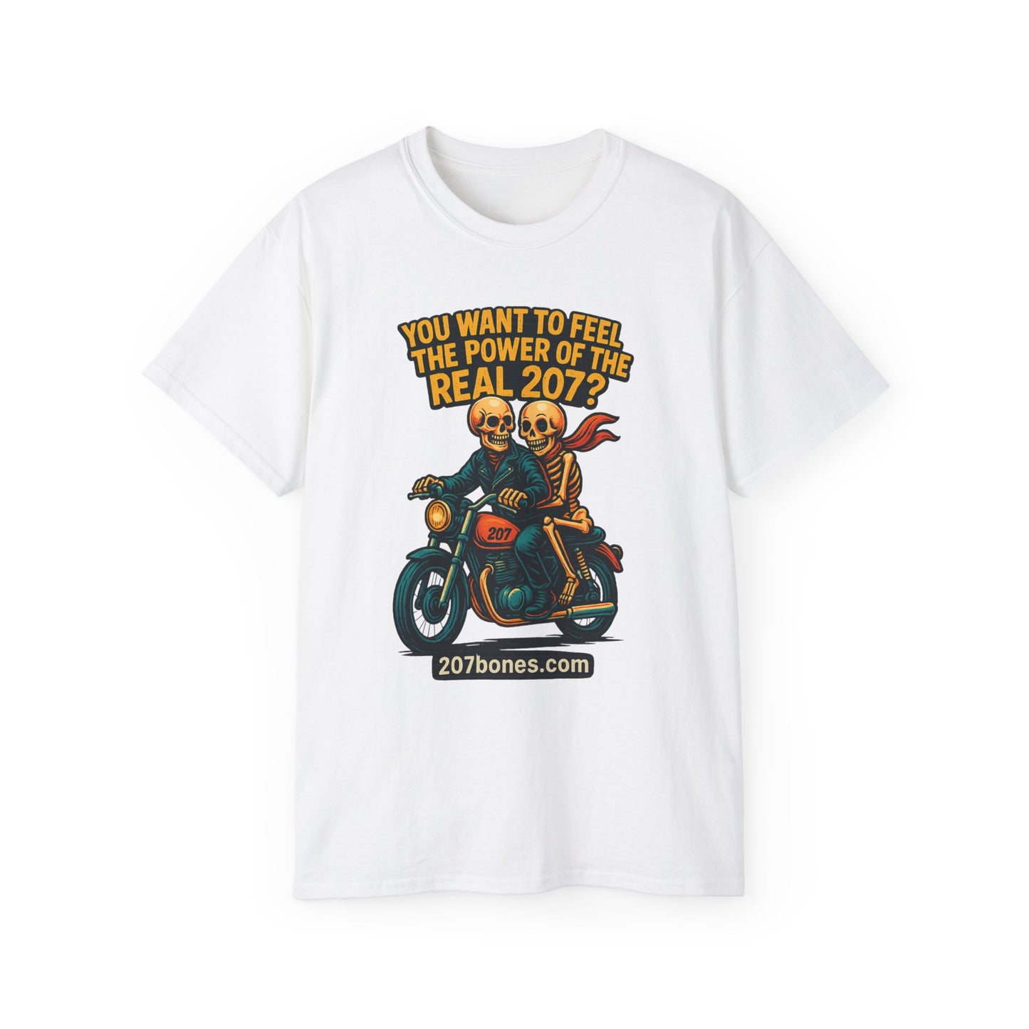 Unisex Motorcycle Theme Tee - Feel the Power Tee, Casual T-Shirt, Halloween Costume Top, Biker Gift, Fun Skull Shirt