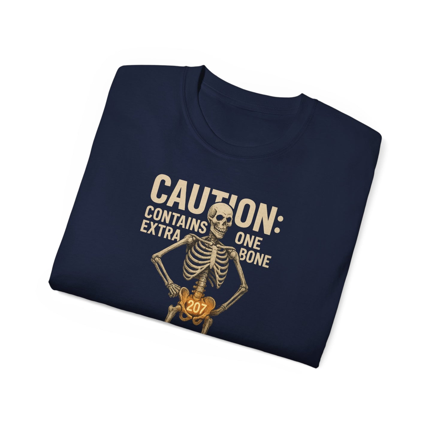 Caution Extra Bone Skeleton Tee, Funny Halloween Shirt, Unisex Spooky T-Shirt, Gift for Bone Lovers, Unique Skull Graphic Tee