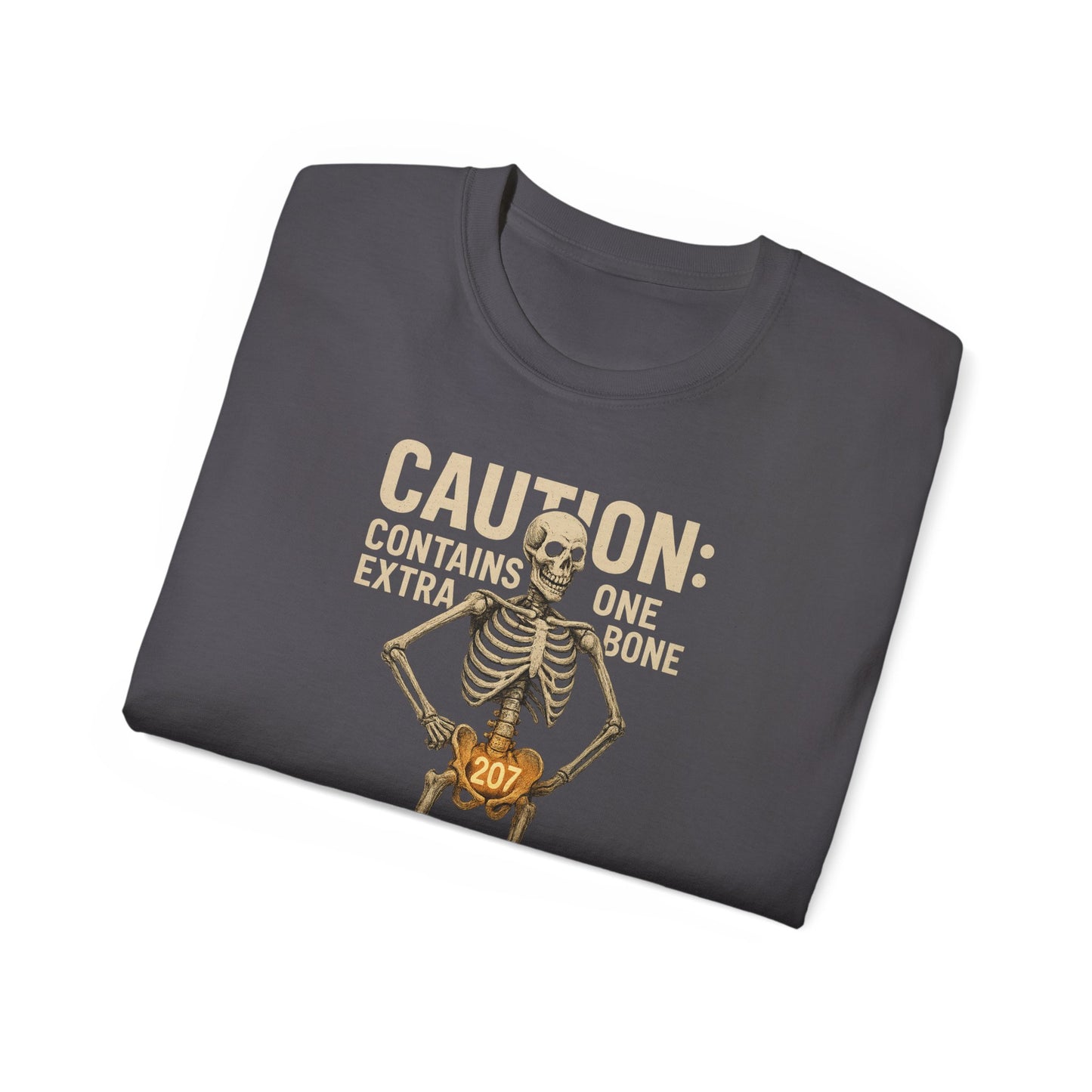 Caution Extra Bone Skeleton Tee, Funny Halloween Shirt, Unisex Spooky T-Shirt, Gift for Bone Lovers, Unique Skull Graphic Tee