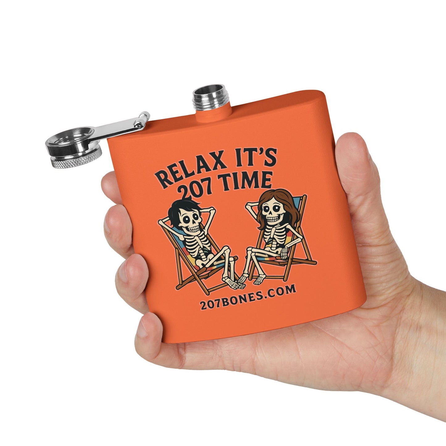 Skeleton Lovers Stainless Steel Flask - 6oz, Unique Gift, Halloween Party, Outdoor Adventure, Fun Drinkware, Relax It's 207 Time