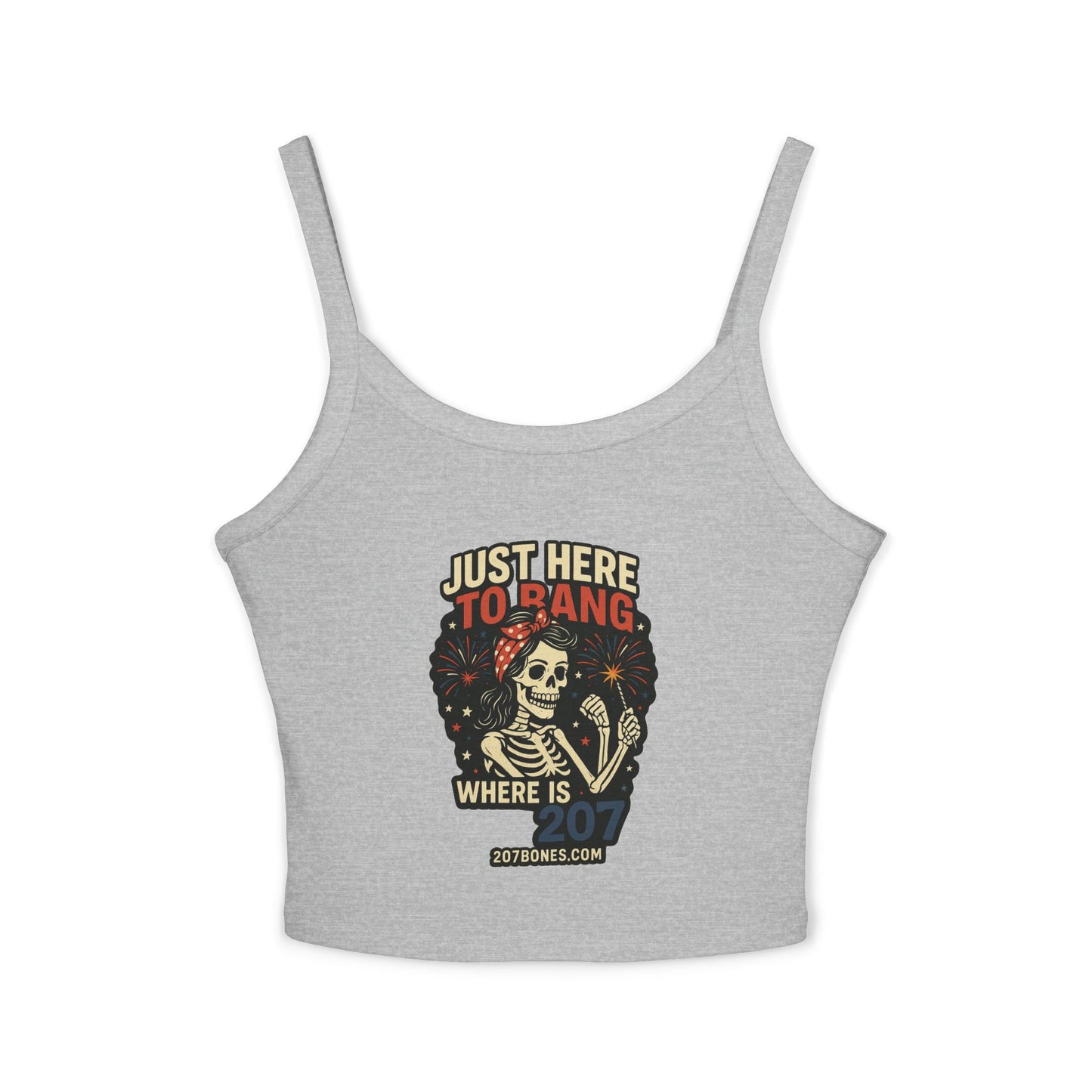 Skeleton Graphic Tank Top, Just Here to Hang Spaghetti Strap, Halloween Gift, Trendy Summer Top, Boho Style Apparel