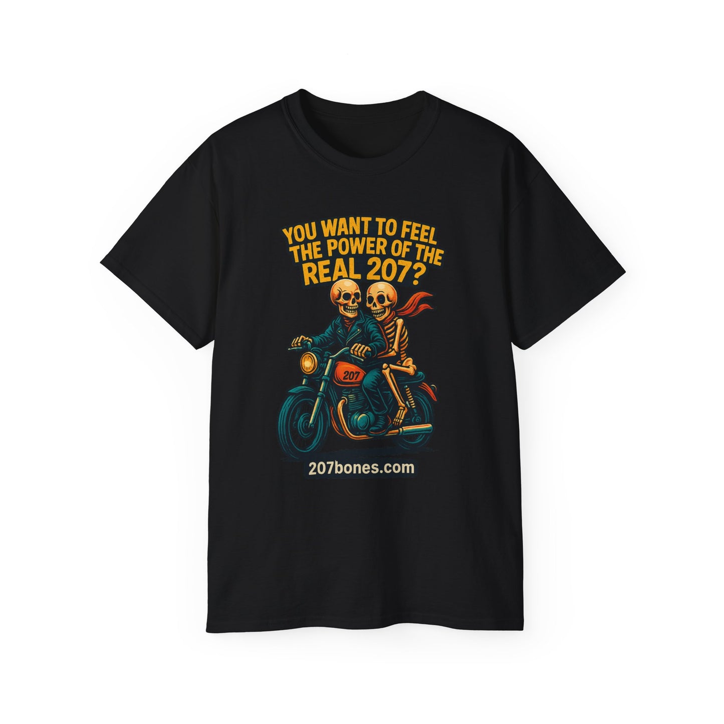 Unisex Motorcycle Theme Tee - Feel the Power Tee, Casual T-Shirt, Halloween Costume Top, Biker Gift, Fun Skull Shirt