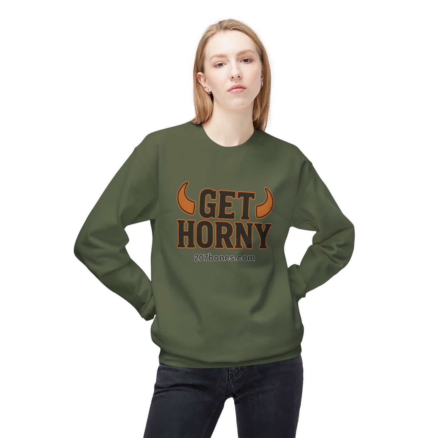 Unisex Get Horny Fleece Crewneck Sweatshirt, Funny Sweatshirt, Gift for Him, Casual Wear, Fall Fashion, Humorous Apparel