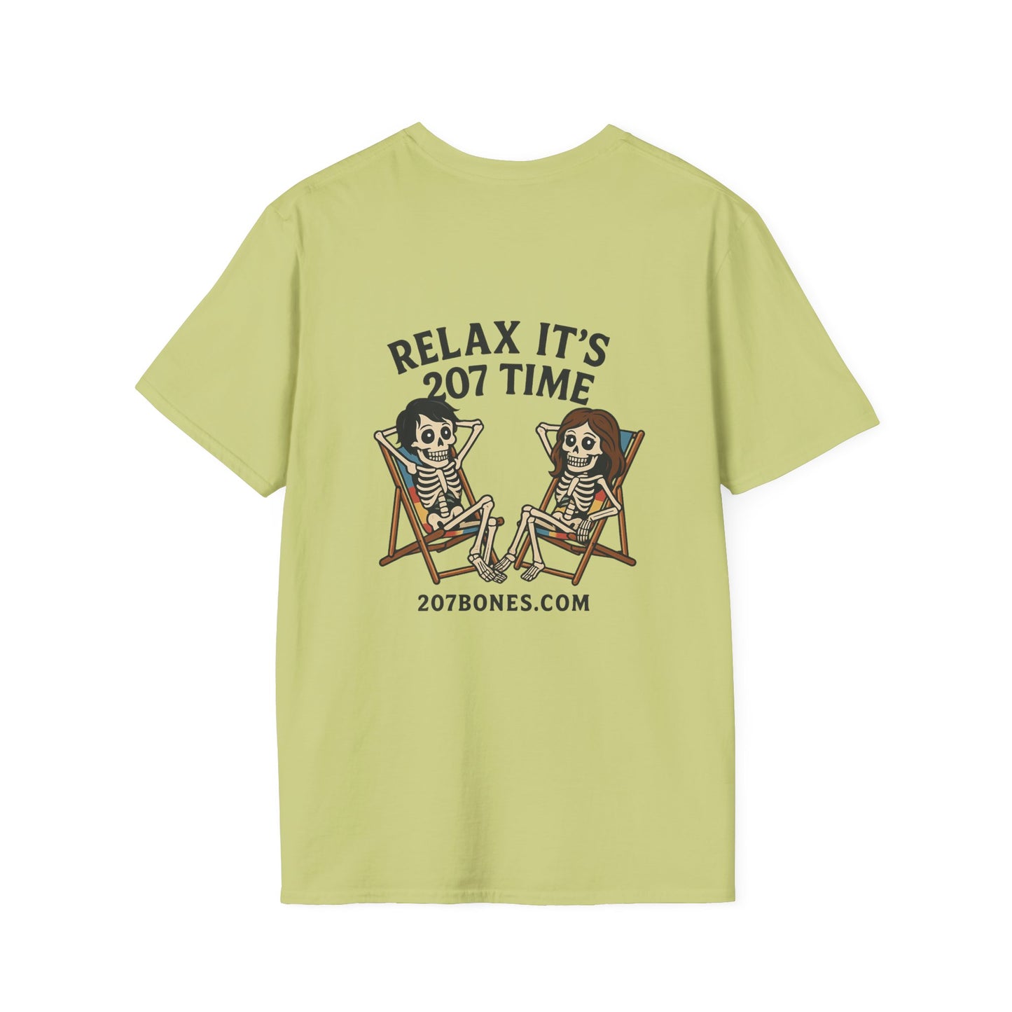 Chill Vibes Unisex T-Shirt - Relax It's 207 Time Design, Skeleton Tee, Casual Everyday Wear, Perfect for Halloween, Gift for Friends