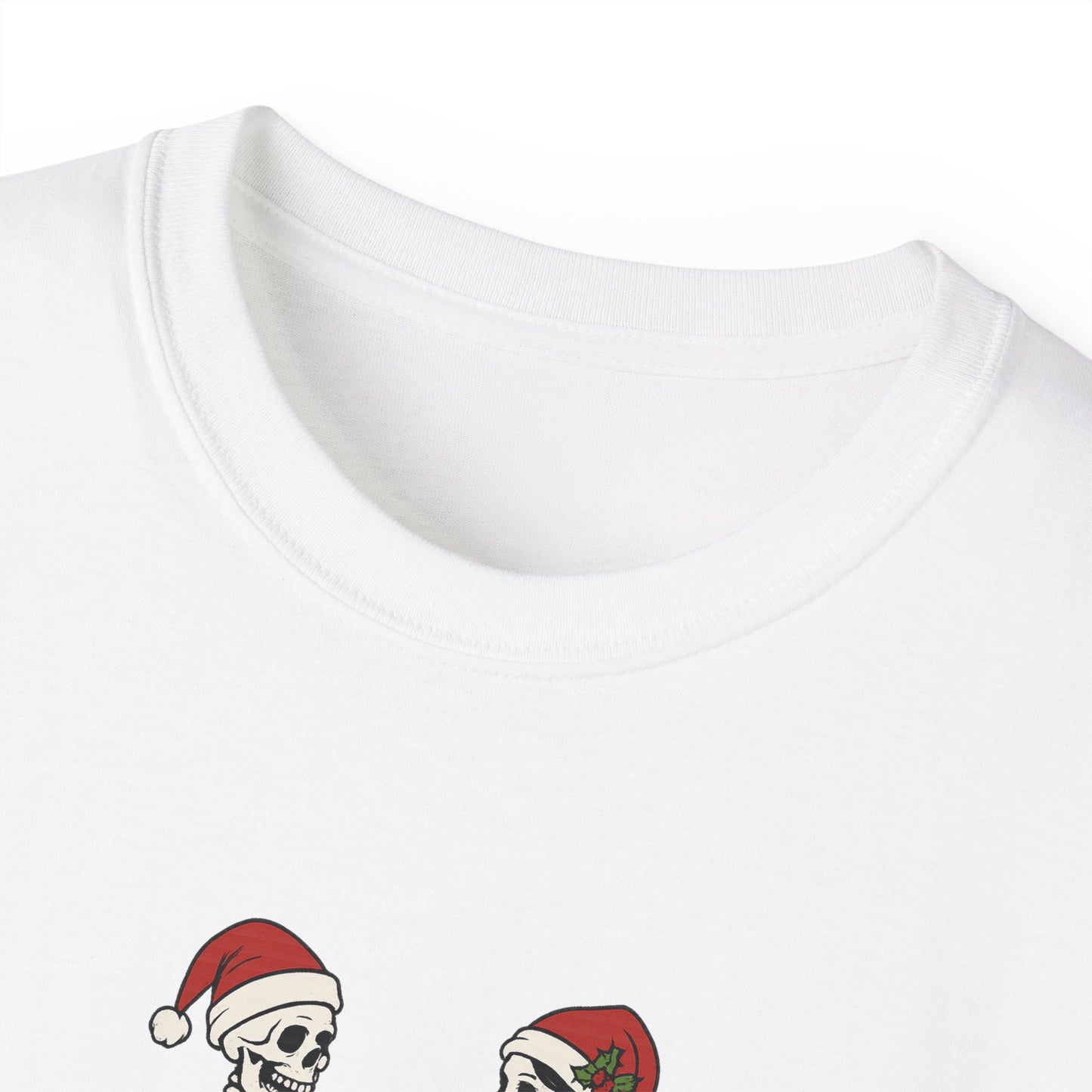 Humorous Skeleton Christmas Tee, Fun Holiday Shirt, Unisex Graphic T-Shirt, Gift for Halloween Lovers, Quirky Party Wear