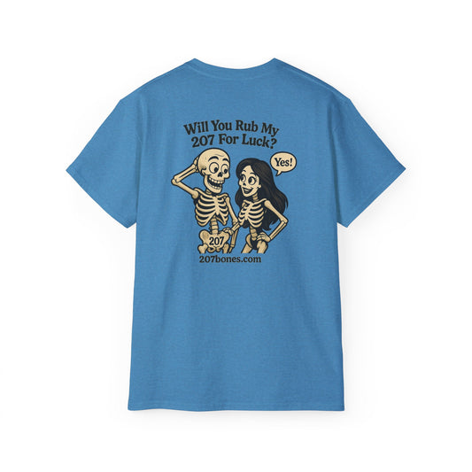 Humorous Skeleton T-Shirt for Luck, Funny Graphic Tee, Unisex Casual Wear, Gift for Halloween, Quirky Vintage Style, Perfect for Parties