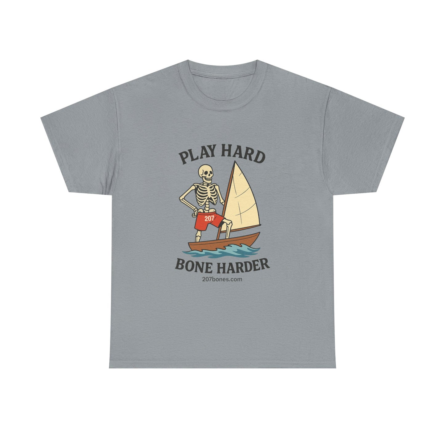 Play Hard Bone Harder Tee, Casual Summer Shirt, Skeleton Graphic T-Shirt, Fun Beachwear, Gift for Halloween, Unisex Cotton Tee