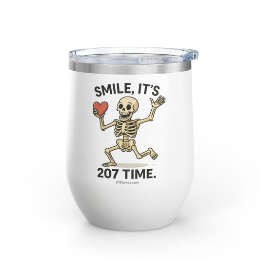 Quirky Wine Tumbler - Smile It's 207 Time, Fun Drinkware, Skeleton Mug, Party Accessory, Gift for Wine Lovers, Halloween Decor