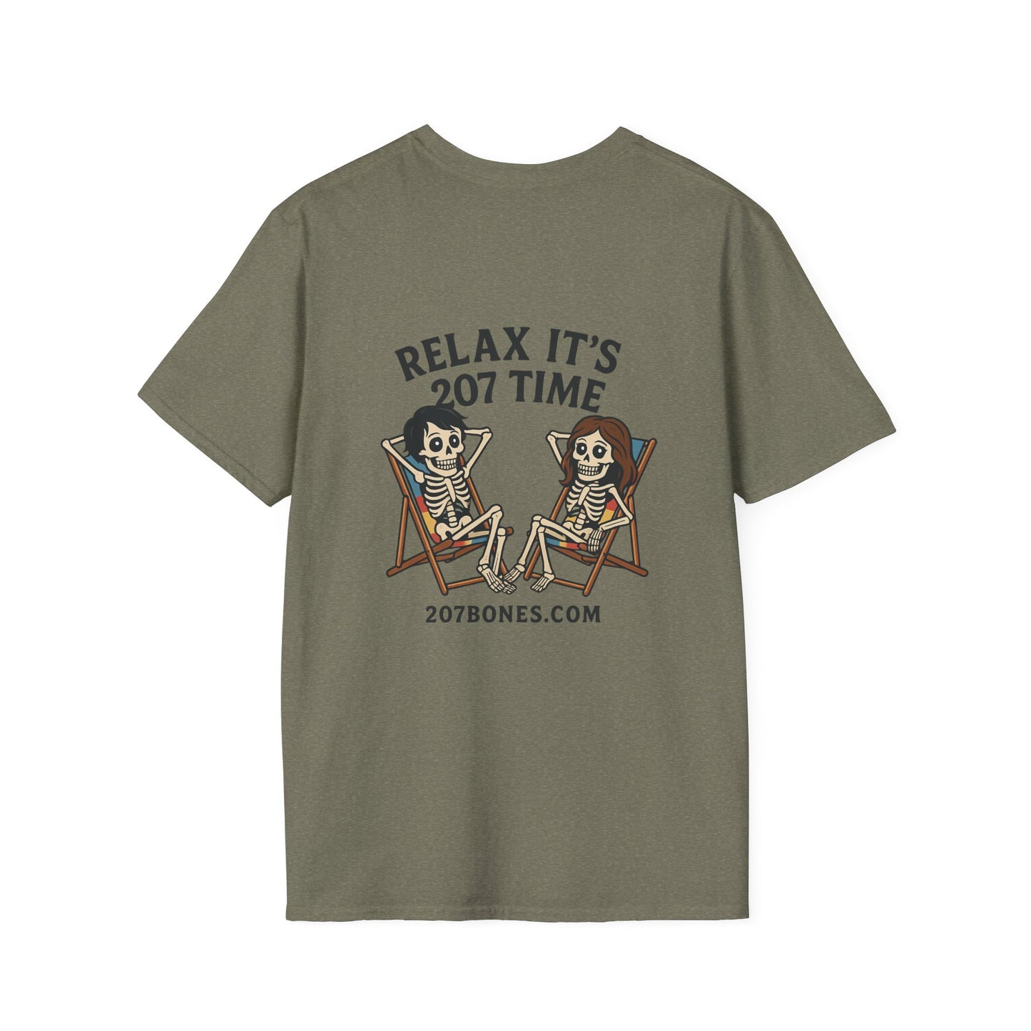 Chill Vibes Unisex T-Shirt - Relax It's 207 Time Design, Skeleton Tee, Casual Everyday Wear, Perfect for Halloween, Gift for Friends