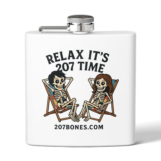 Skeleton Lovers Stainless Steel Flask - 6oz, Unique Gift, Halloween Party, Outdoor Adventure, Fun Drinkware, Relax It's 207 Time
