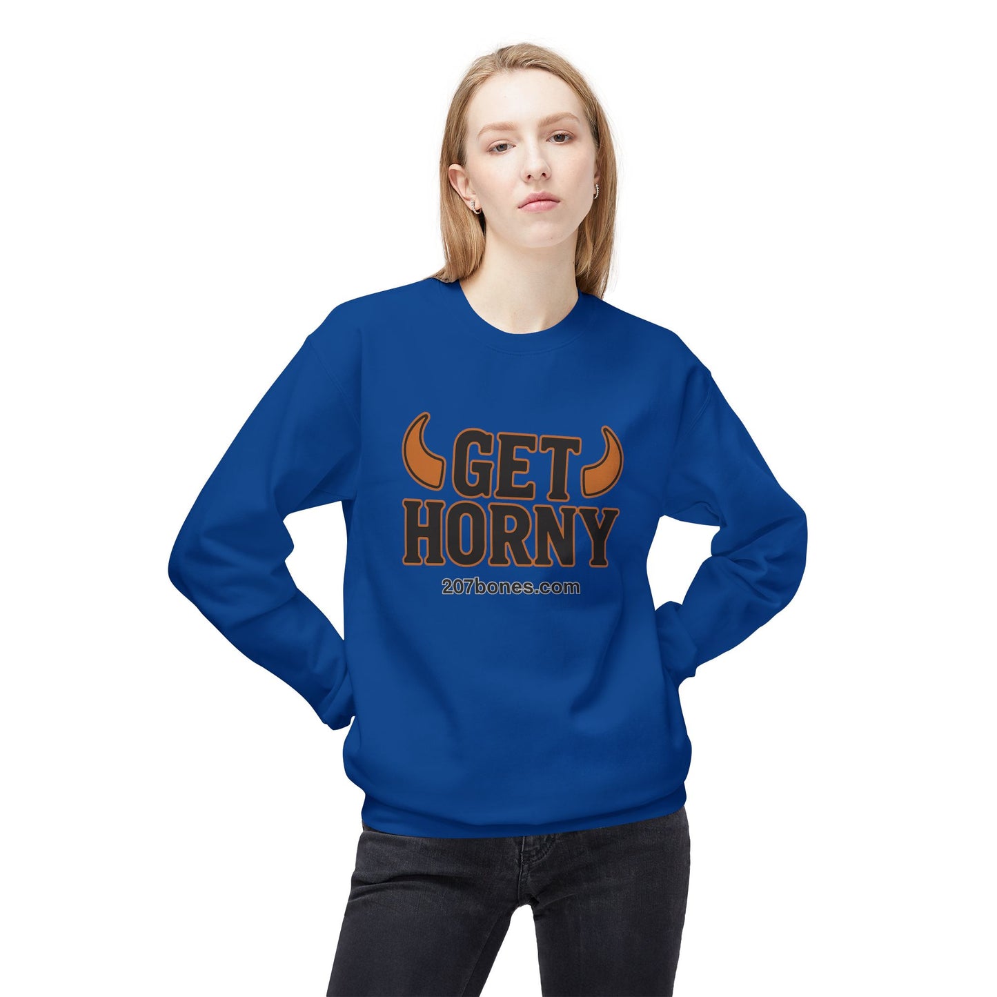 Unisex Get Horny Fleece Crewneck Sweatshirt, Funny Sweatshirt, Gift for Him, Casual Wear, Fall Fashion, Humorous Apparel