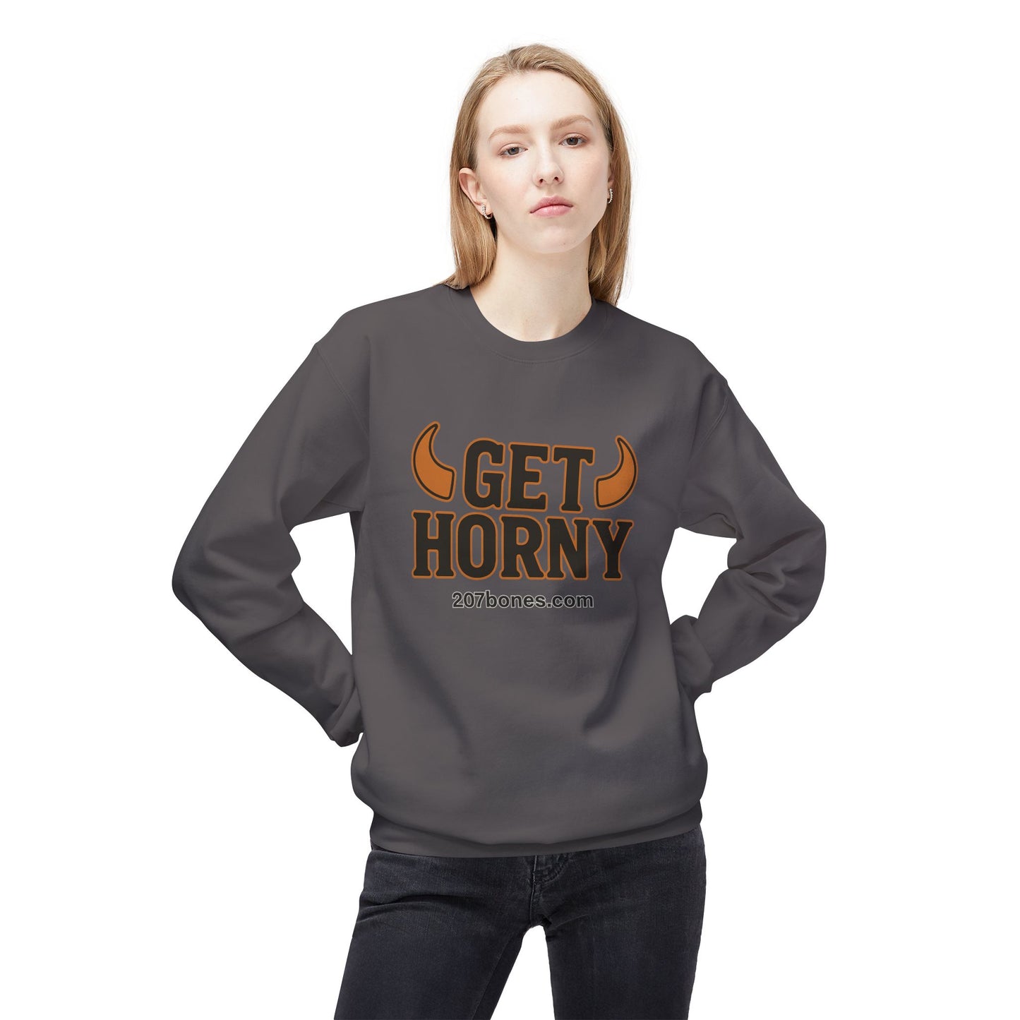 Unisex Get Horny Fleece Crewneck Sweatshirt, Funny Sweatshirt, Gift for Him, Casual Wear, Fall Fashion, Humorous Apparel