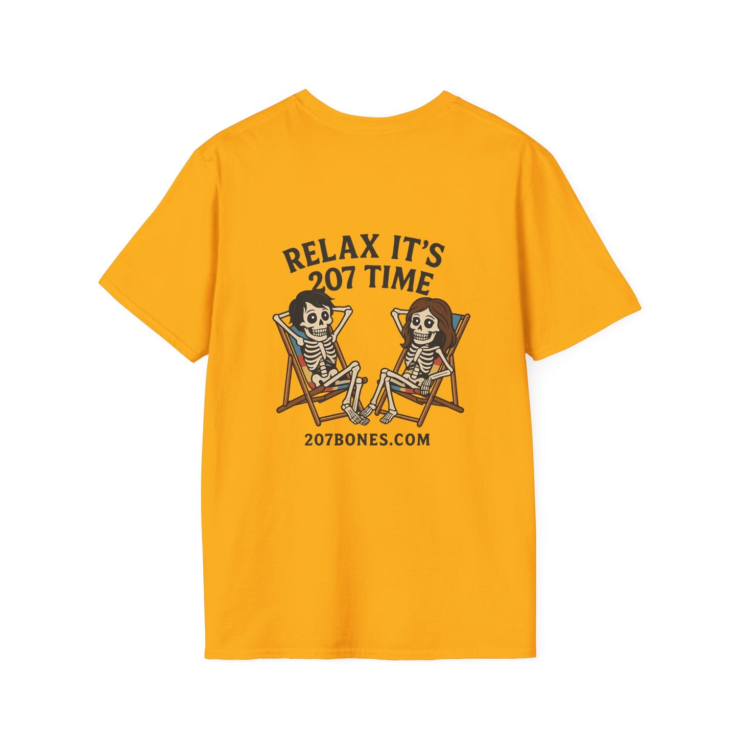 Chill Vibes Unisex T-Shirt - Relax It's 207 Time Design, Skeleton Tee, Casual Everyday Wear, Perfect for Halloween, Gift for Friends
