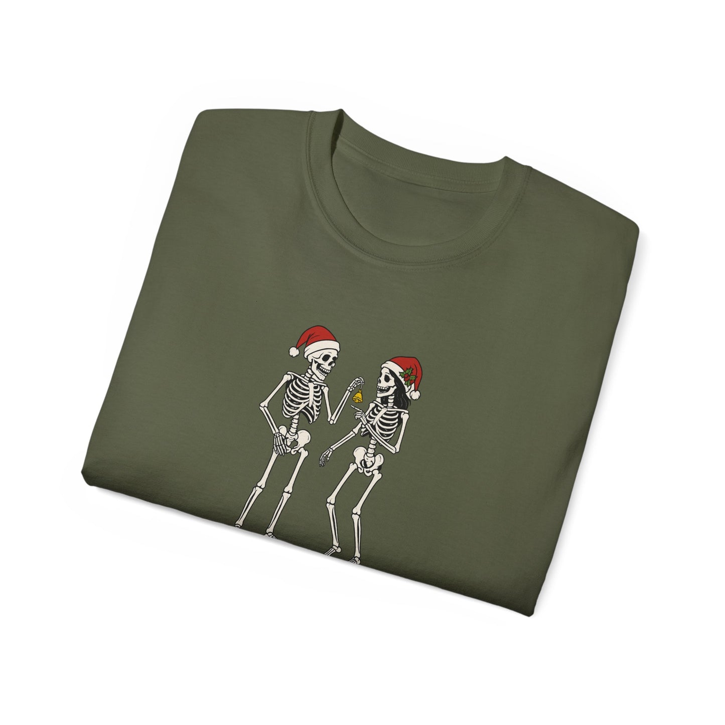 Humorous Skeleton Christmas Tee, Fun Holiday Shirt, Unisex Graphic T-Shirt, Gift for Halloween Lovers, Quirky Party Wear