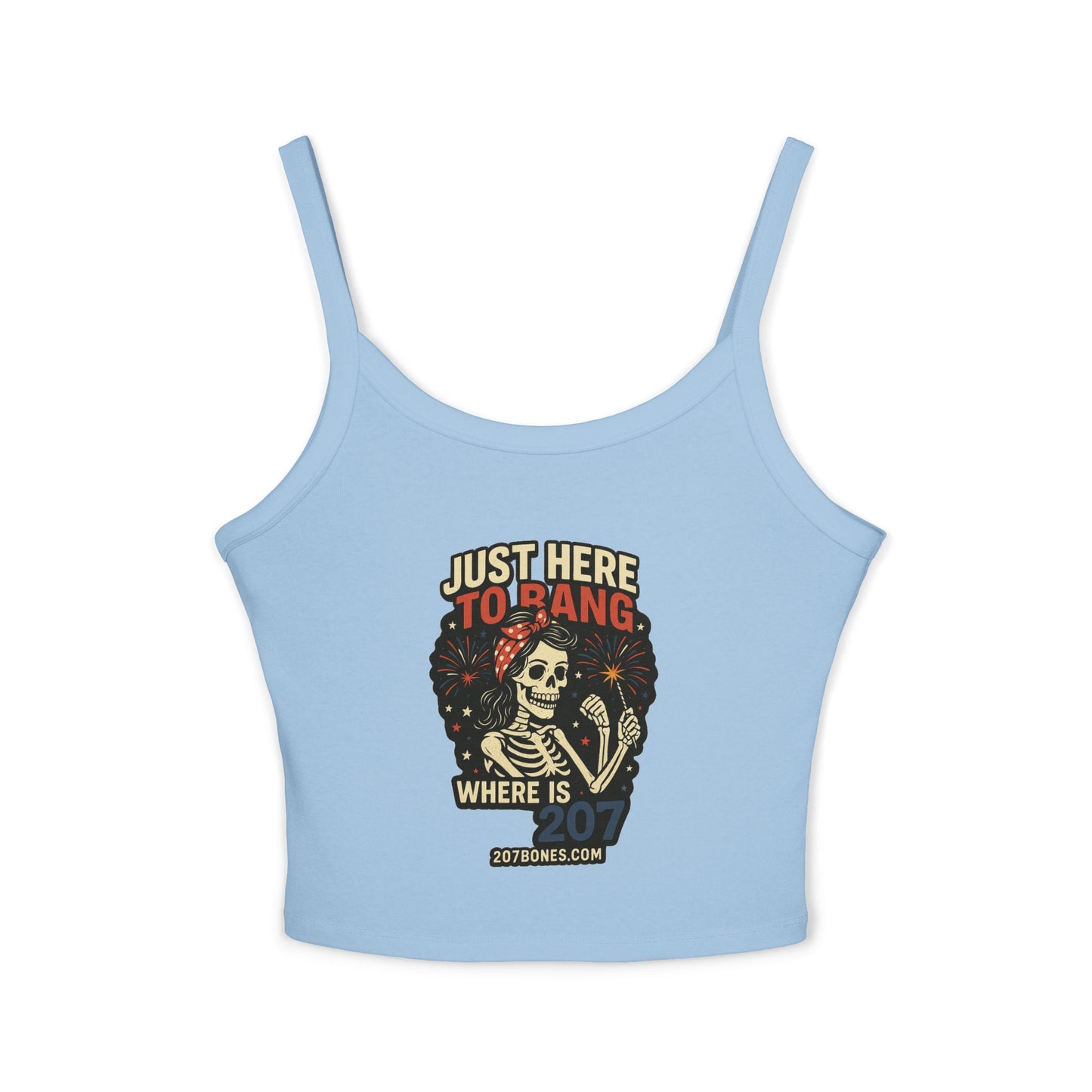 Skeleton Graphic Tank Top, Just Here to Hang Spaghetti Strap, Halloween Gift, Trendy Summer Top, Boho Style Apparel