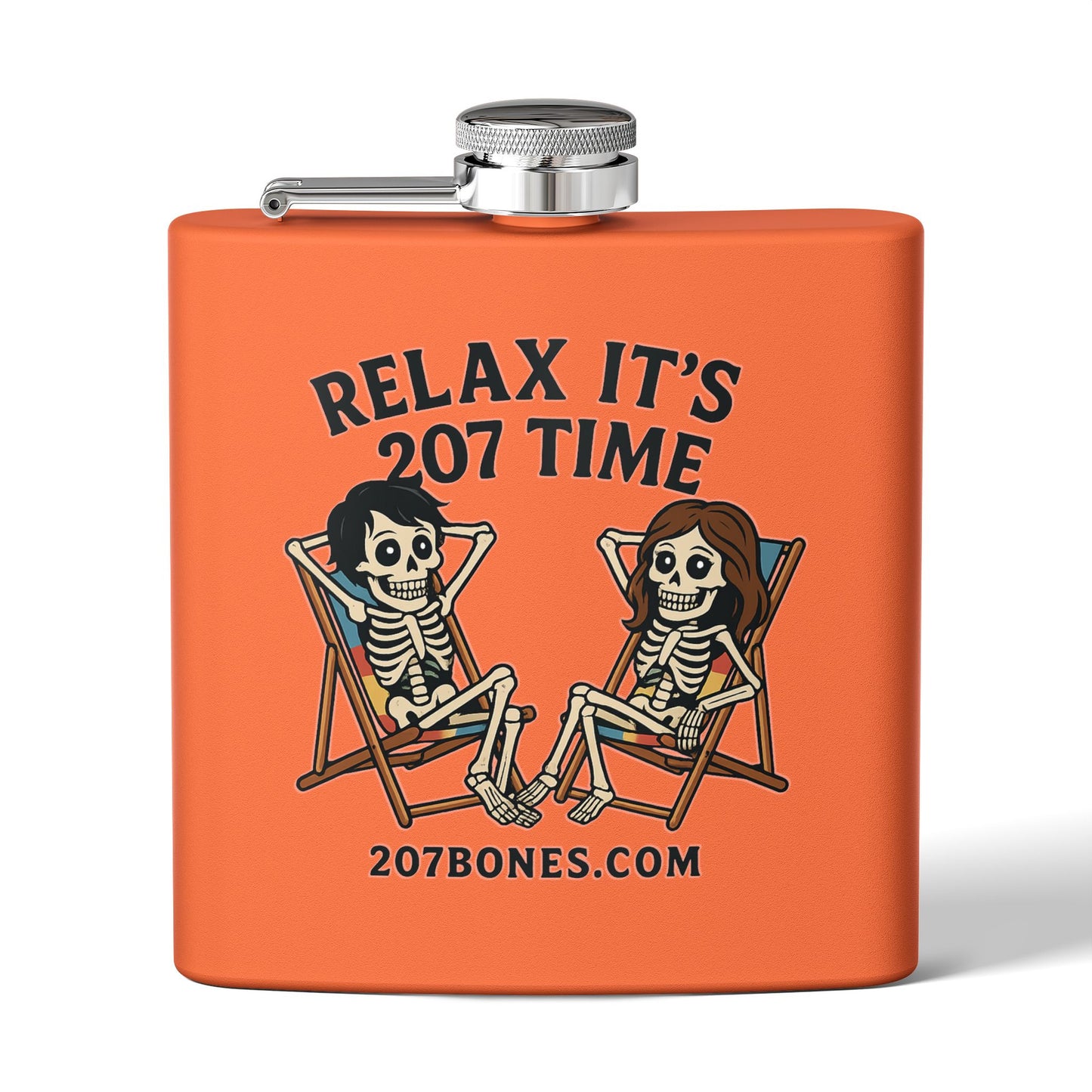 Skeleton Lovers Stainless Steel Flask - 6oz, Unique Gift, Halloween Party, Outdoor Adventure, Fun Drinkware, Relax It's 207 Time
